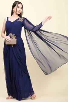 Dark Blue Georgette Pleats Drape Saree, Blouse set with embroidered patches