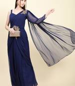 Dark Blue Georgette Pleats Drape Saree, Blouse set with embroidered patches
