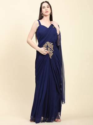 Dark Blue Georgette Pleats Drape Saree, Blouse set with embroidered patches 2