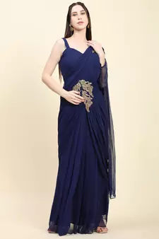 Dark Blue Georgette Pleats Drape Saree, Blouse set with embroidered patches