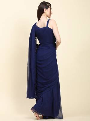 Dark Blue Georgette Pleats Drape Saree, Blouse set with embroidered patches 3