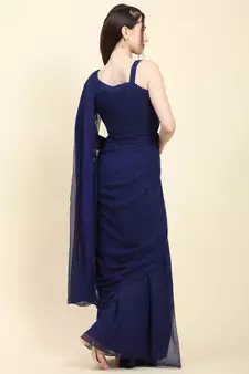 Dark Blue Georgette Pleats Drape Saree, Blouse set with embroidered patches