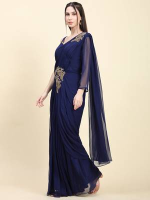 Dark Blue Georgette Pleats Drape Saree, Blouse set with embroidered patches 4