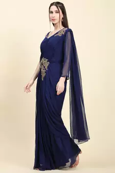 Dark Blue Georgette Pleats Drape Saree, Blouse set with embroidered patches