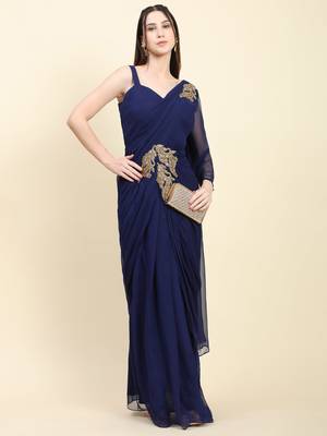 Dark Blue Georgette Pleats Drape Saree, Blouse set with embroidered patches 5