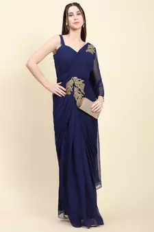 Dark Blue Georgette Pleats Drape Saree, Blouse set with embroidered patches