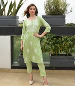 Green embroidered cotton chikankari-kurtis