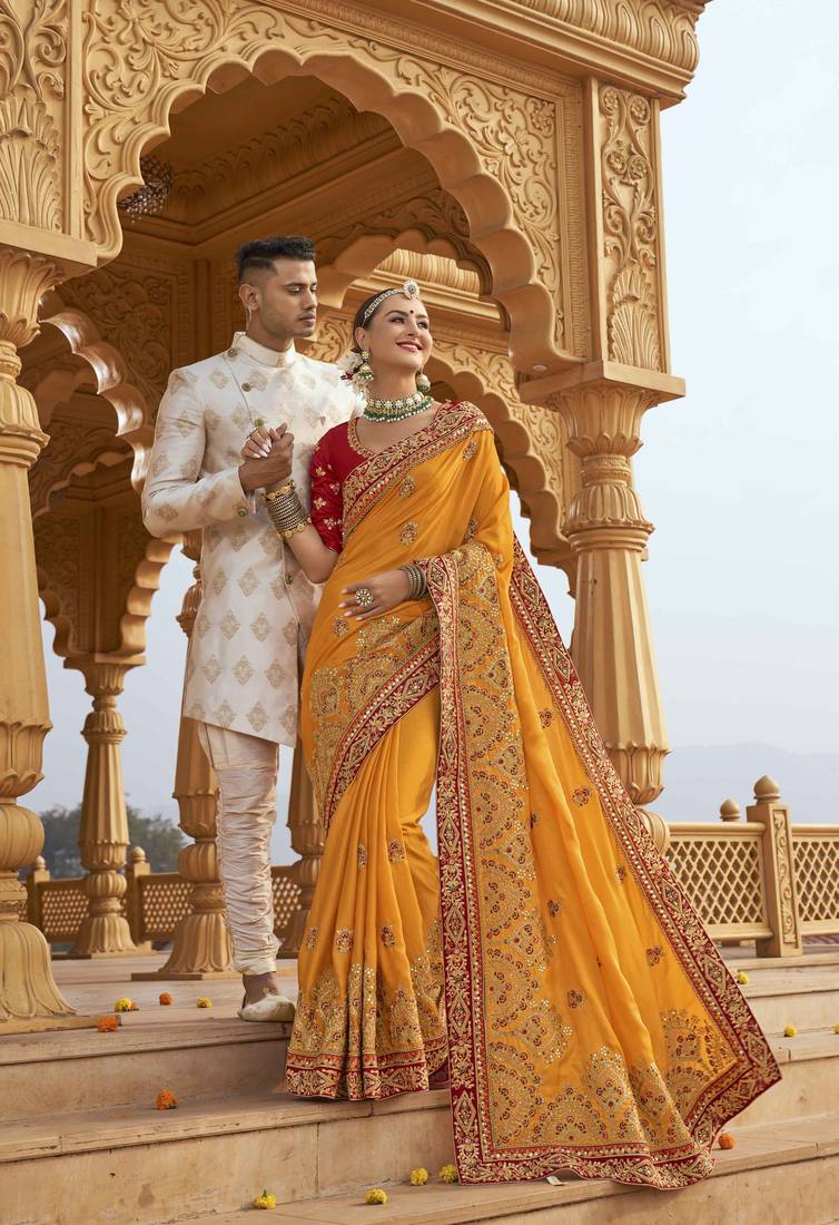 Designer Satin Silk Sarees With Heavy Zari & Resham Embroidery And Coding Work Saree