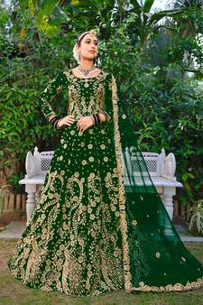 Dark-green embroidered velvet semi stitched lehenga