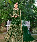 Dark-green embroidered velvet semi stitched lehenga