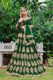 Dark-green embroidered velvet semi stitched lehenga