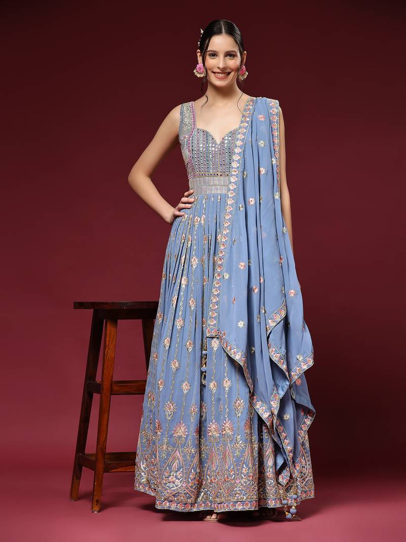 Coral Blue embroidered georgette salwar