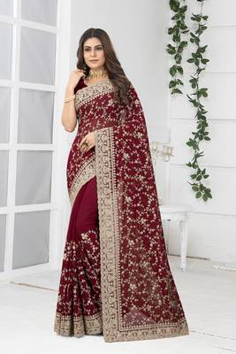 Maroon embroidered georgette saree with blouse 1