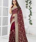 Maroon embroidered georgette saree with blouse