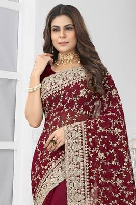 Maroon embroidered georgette saree with blouse 3