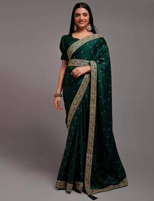 Green Colour Chinnon Designer  Saree With Foil Print With Un-Stitched Blouse 3