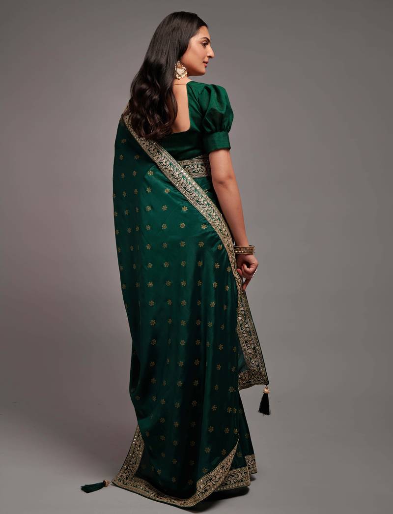 Green Colour Chinnon Designer  Saree With Foil Print With Un-Stitched Blouse