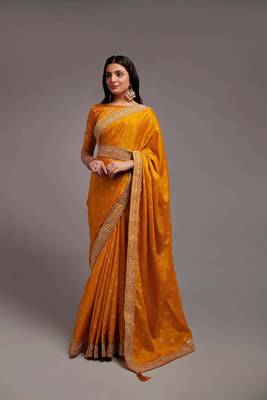 Yellow Colour Chinnon Designer  Saree With Foil Print WITH UN-STITCHED BLOUSE 1