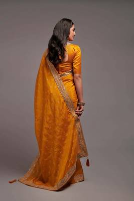 Yellow Colour Chinnon Designer  Saree With Foil Print WITH UN-STITCHED BLOUSE 3