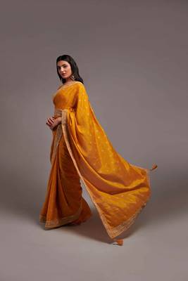Yellow Colour Chinnon Designer  Saree With Foil Print WITH UN-STITCHED BLOUSE 4