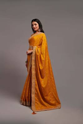 Yellow Colour Chinnon Designer  Saree With Foil Print WITH UN-STITCHED BLOUSE 5