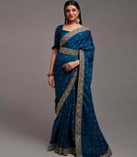 Petrol Blue Colour Chinnon Designer  Saree With Foil Print WITH UN-STITCHED BLOUSE
