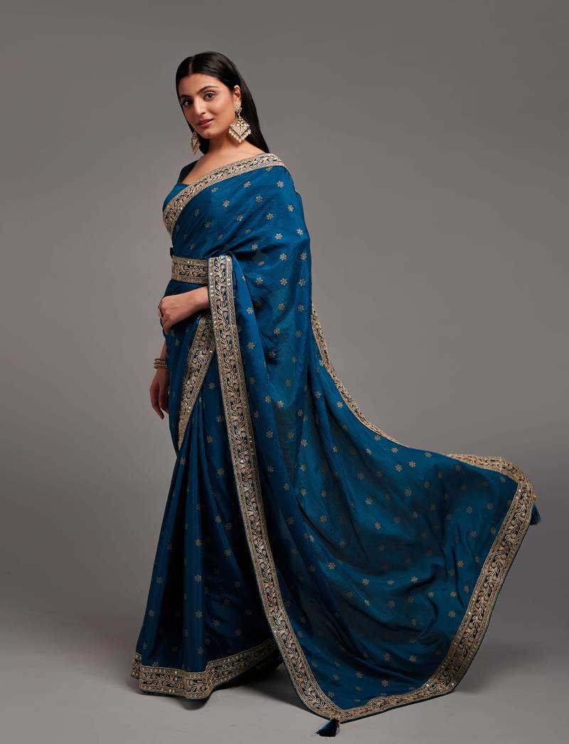 Petrol Blue Colour Chinnon Designer  Saree With Foil Print WITH UN-STITCHED BLOUSE