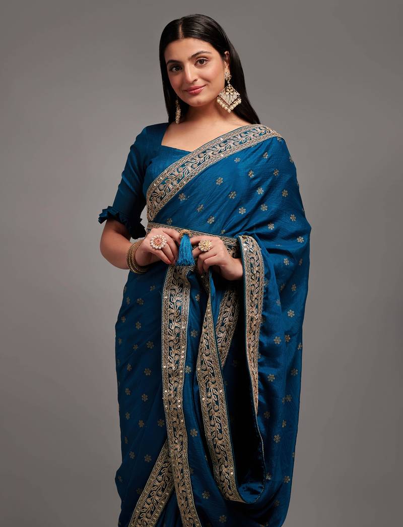 Petrol Blue Colour Chinnon Designer  Saree With Foil Print WITH UN-STITCHED BLOUSE