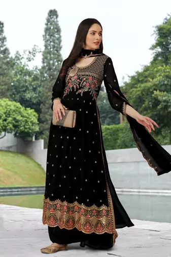 Trendmalls Georgette Embroidered Black Salwar Suit with Dupatta 3 pieces set