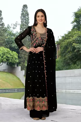 Trendmalls Georgette Embroidered Black Salwar Suit with Dupatta 3 pieces set