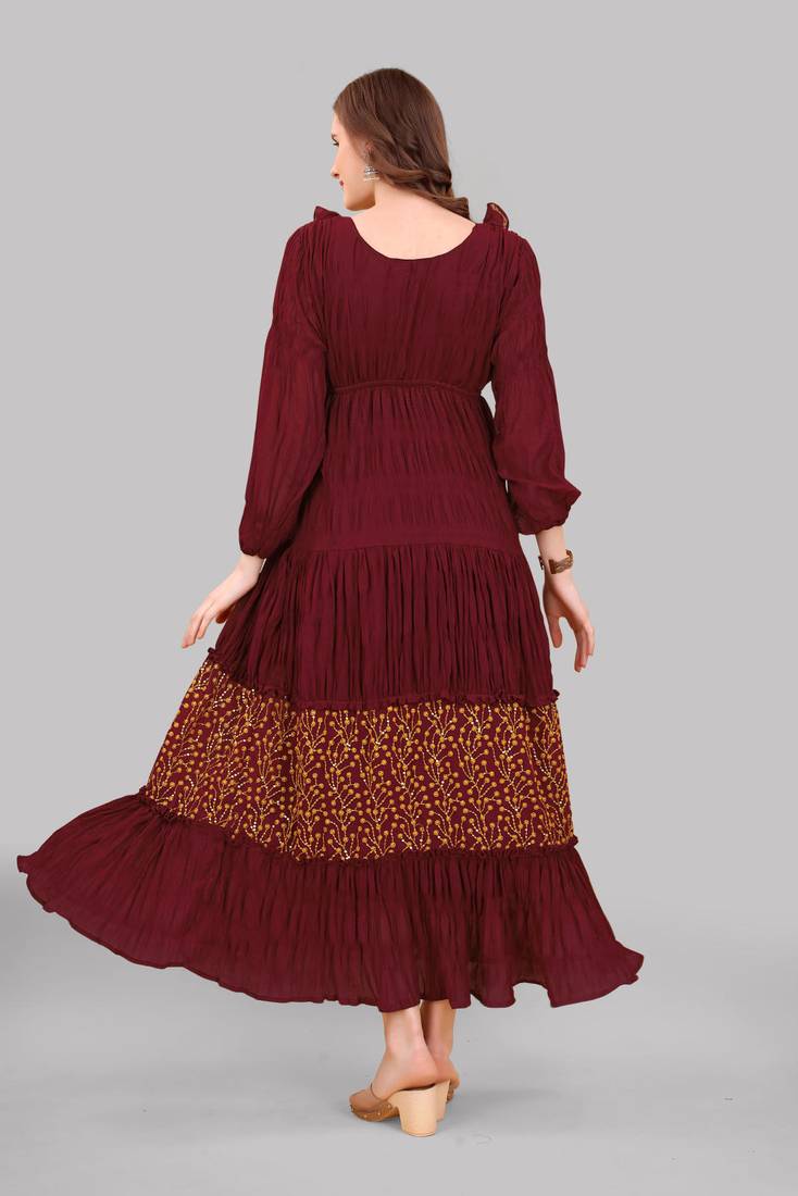 Title: Maroon Georgette Embroidered Full Sleeve Straight Kurta