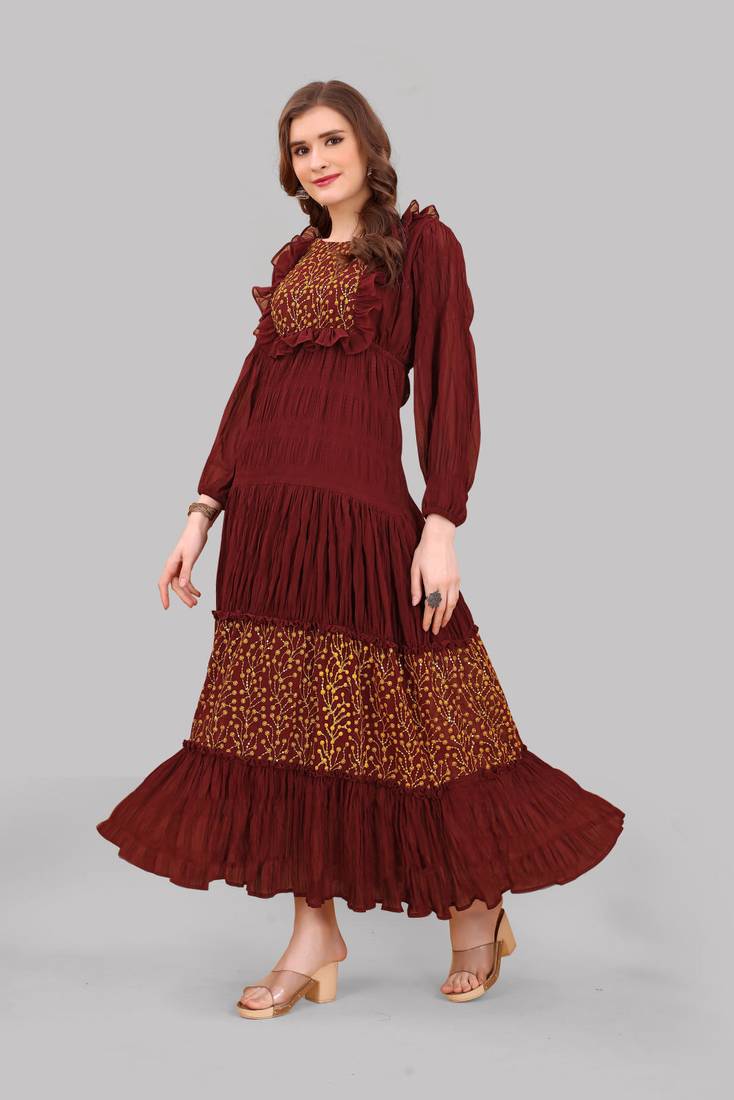 Title: Maroon Georgette Embroidered Full Sleeve Straight Kurta