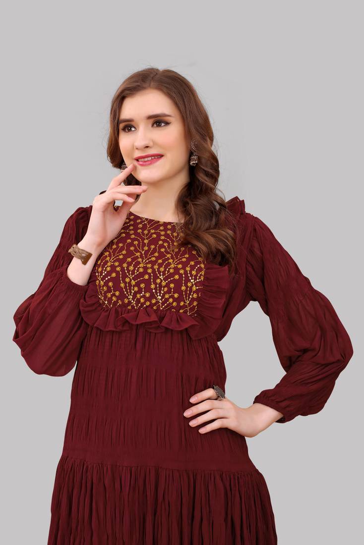 Title: Maroon Georgette Embroidered Full Sleeve Straight Kurta