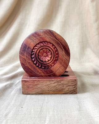 The Indian Rose Set of 4 with Stand Handmade Wooden Coasters Intricate Carving Work for Desk, Table, Bar, Bedside, Gift 1
