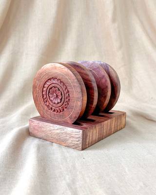 The Indian Rose Set of 4 with Stand Handmade Wooden Coasters Intricate Carving Work for Desk, Table, Bar, Bedside, Gift 2