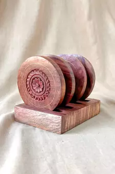 The Indian Rose Set of 4 with Stand Handmade Wooden Coasters Intricate Carving Work for Desk, Table, Bar, Bedside, Gift
