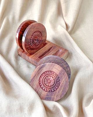 The Indian Rose Set of 4 with Stand Handmade Wooden Coasters Intricate Carving Work for Desk, Table, Bar, Bedside, Gift 3