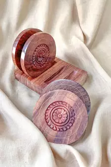 The Indian Rose Set of 4 with Stand Handmade Wooden Coasters Intricate Carving Work for Desk, Table, Bar, Bedside, Gift