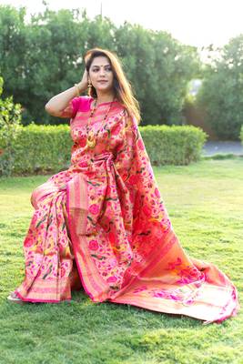 PINK BANARASI SILK FESTIVE SAREE WITH BLOUSE  4