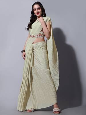 Cream Colour Beautiful Chinnon Fabric Half Half Saree WITH UN-STITCHED BLOUSE 1