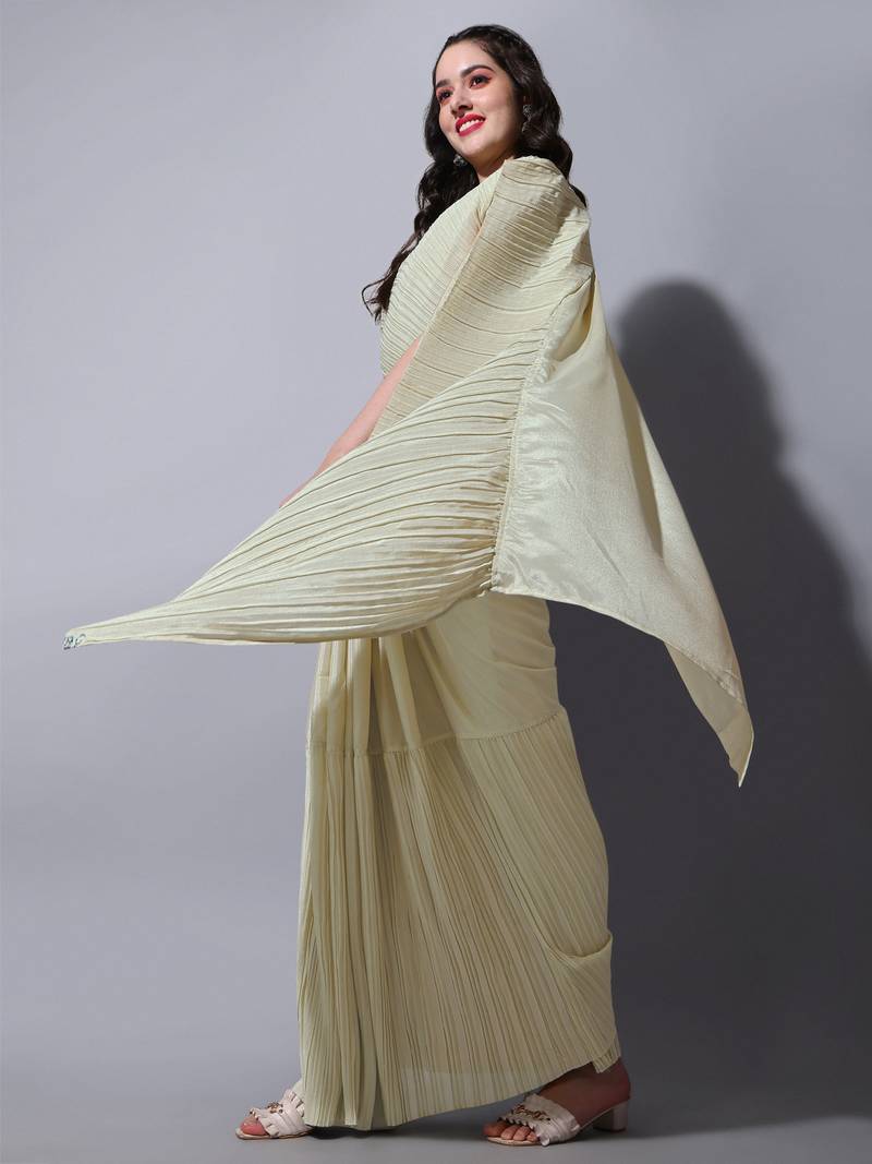 Cream Colour Beautiful Chinnon Fabric Half Half Saree WITH UN-STITCHED BLOUSE