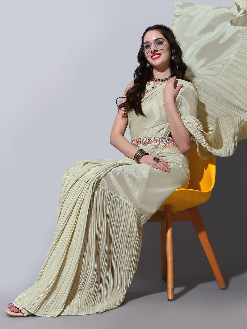 Cream Colour Beautiful Chinnon Fabric Half Half Saree WITH UN-STITCHED BLOUSE