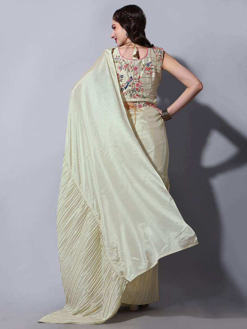Cream Colour Beautiful Chinnon Fabric Half Half Saree WITH UN-STITCHED BLOUSE
