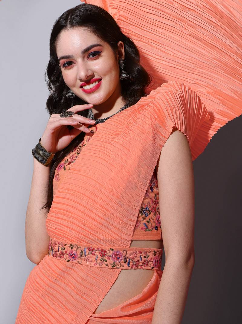 Orange Colour Beautiful Chinnon Fabric Half Half Saree WITH UN-STITCHED BLOUSE