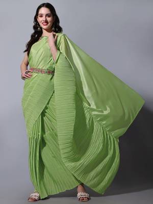 Pista Cream Colour Beautiful Chinnon Fabric Half Half Saree WITH UN-STITCHED BLOUSE 1