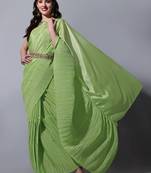 Pista Cream Colour Beautiful Chinnon Fabric Half Half Saree WITH UN-STITCHED BLOUSE