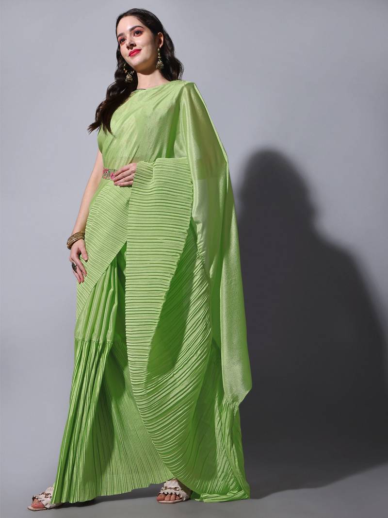 Pista Cream Colour Beautiful Chinnon Fabric Half Half Saree WITH UN-STITCHED BLOUSE