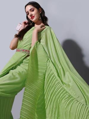 Pista Cream Colour Beautiful Chinnon Fabric Half Half Saree WITH UN-STITCHED BLOUSE 3
