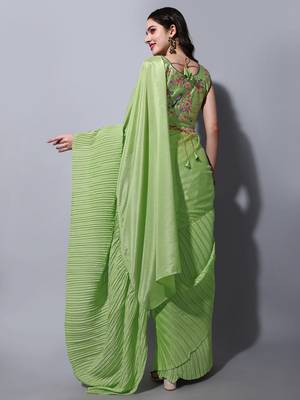 Pista Cream Colour Beautiful Chinnon Fabric Half Half Saree WITH UN-STITCHED BLOUSE 4