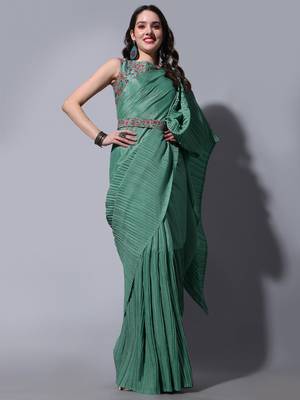 Rama Cream Colour Beautiful Chinnon Fabric Half Half Saree WITH UN-STITCHED BLOUSE 1